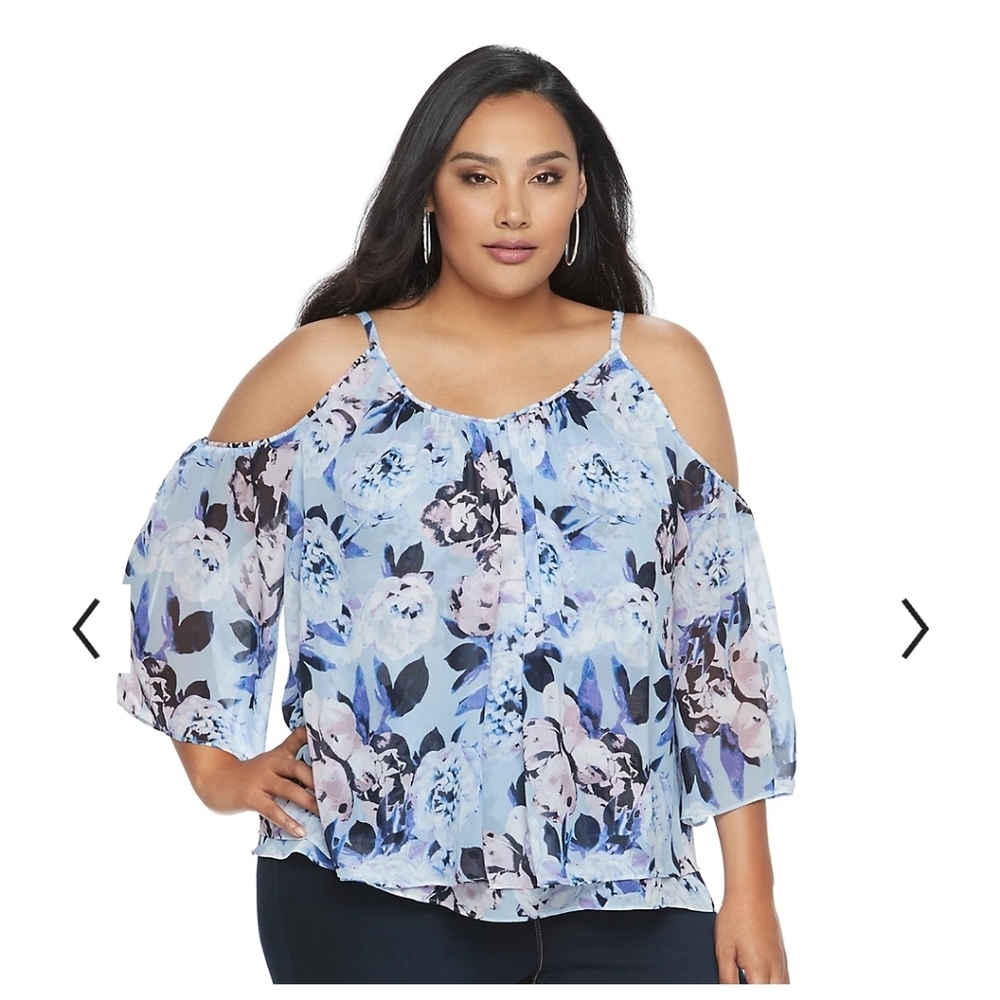 Cold-Shoulder Floral Chiffon Top in Light Blue